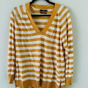 Mango Mustard and White Striped V-Neck Sweater
